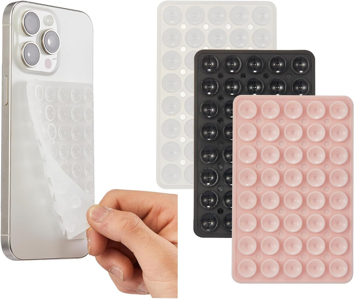 3 Pack Silicone Sticky Grip Holder for Cellphone, Suction Cup Phone Mount Hands-Free Double Sided Strong Selfie & Videos, Pink/Black/Transparent 