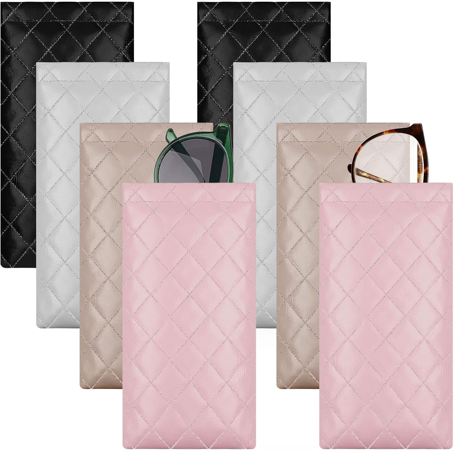 8 Pcs Squeeze Top Sunglasses Case Soft Leather Sunglass Pouch Portable Eyeglass Glasses Bag for Cosmetic Makeup Pink, Light Brown, White, Black 