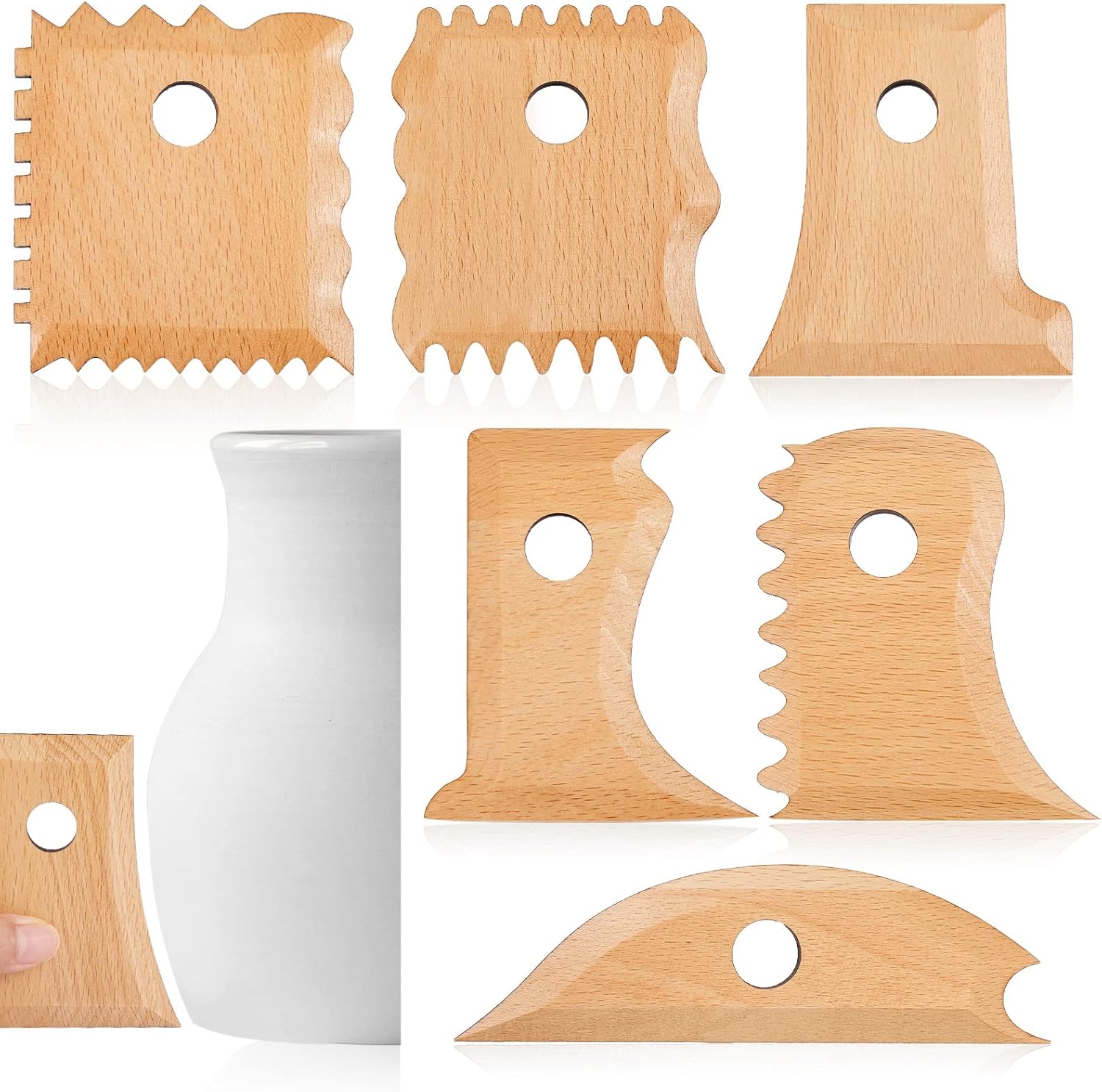 7 Pcs Pottery Tools Foot Shaper Trimming Profile Rib Bundle for Ceramics Carving Clay Molds Texture Ribs Ceramics, Beech Wood (Stylish Style,Wood Color) Color Stylish Style