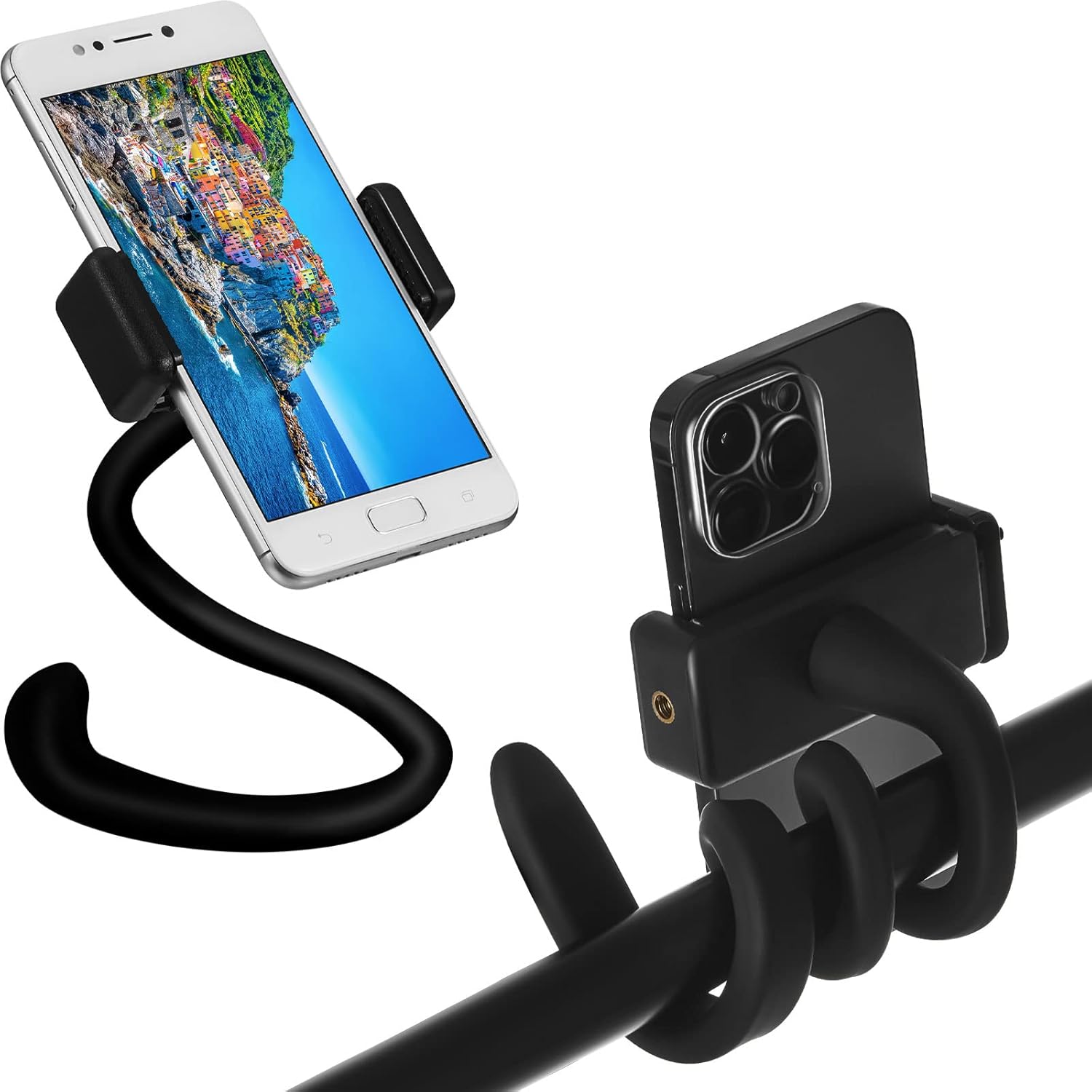 2 Pcs Stroller Phone Holder Portable Cell Stand Universal Accessories for Parent Baby Toddler Cellphone Clamp with Non Slip Silicone Arm Grip(Black,Novel) Black 