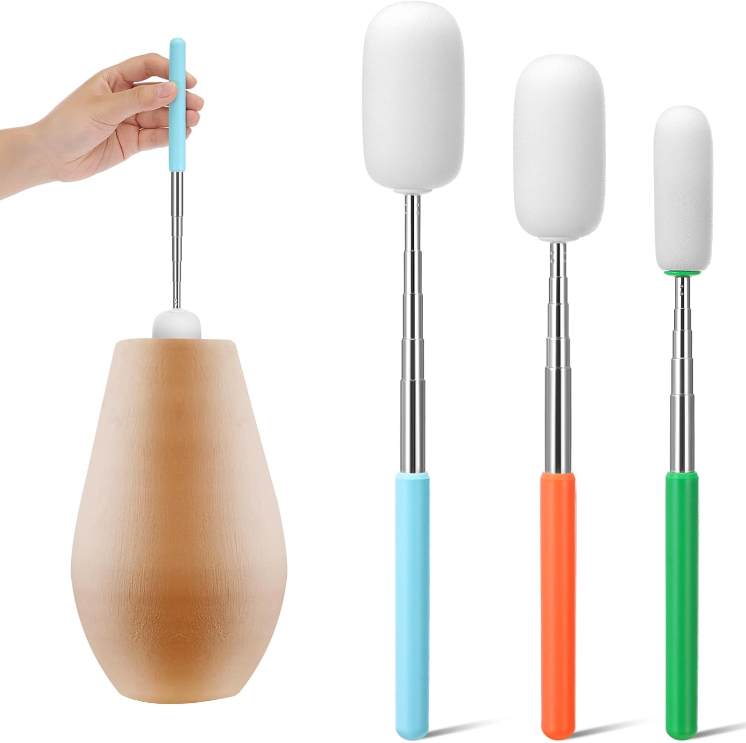 3 Pcs Telescoping Sponge Stick for Pottery 27 Inches Long Detachable Sponges Removing Excess Water, Shaping Tall/Narrow Vessels and Cleaning(Light Color) Light Color 