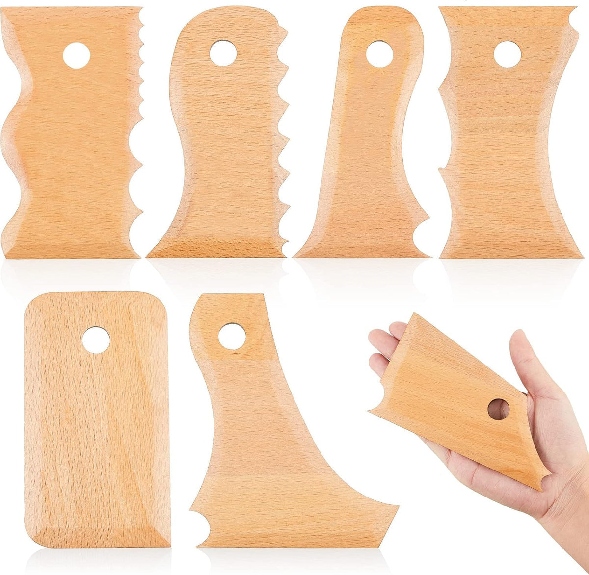 7 pcs Big Size Pottery Foot Shaper Tools Trimming Ceramics Profile Rib Bundle for Carving Clay Molds Ceramics, Beech Wood 