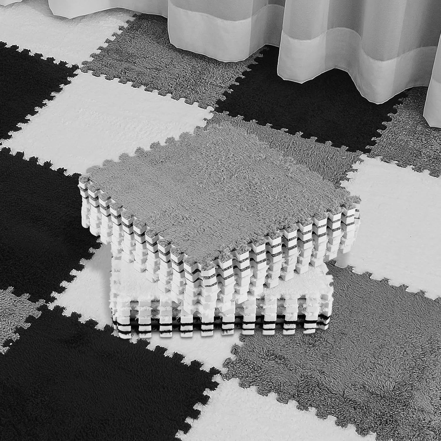 36 Pack Plush Foam Floor Mat Square Interlocking Carpet Tiles with Border Fluffy Play Soft Climbing Rugs for Bedroom Playroom, 12 x 0.4 in(Black, White, Gray) Black, Gray 