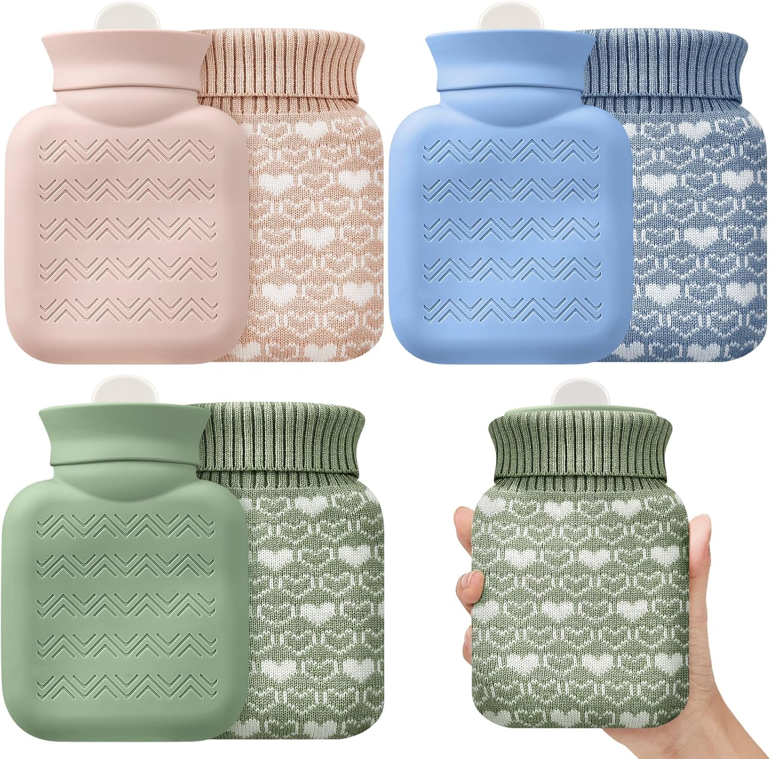 3 Pcs Mini Hot Water Bottle for & Cold Compress with Cover 320ml Silicone Microwave Heating Bottles Small Bag Travel Holiday Gift(Beige, Green, Blue,Heart Print) Beige, Blue Heart Print