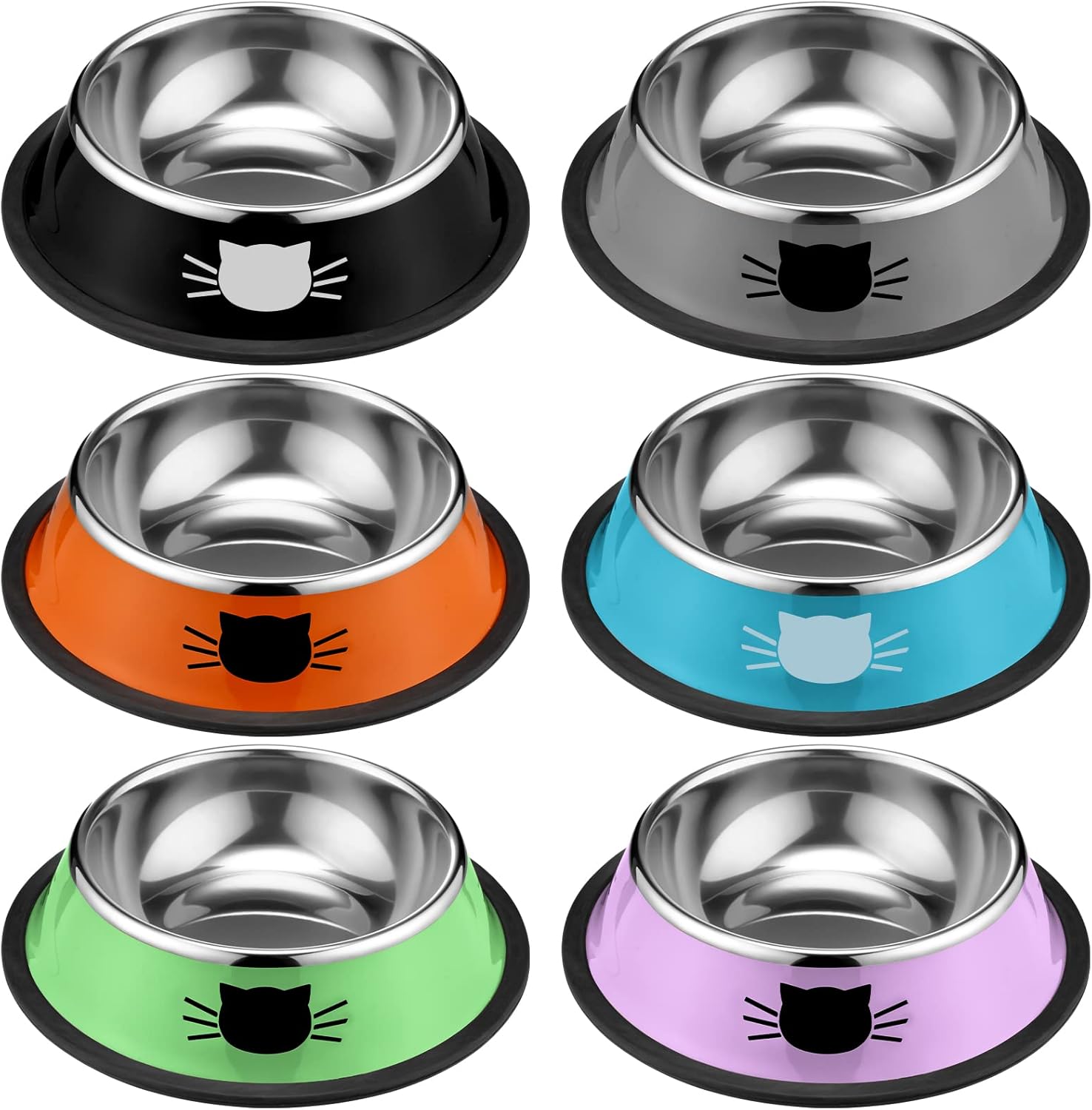 6 Pcs Cat Bowls for Food and Water Dishes Stainless Steel Pet 7 oz Anti Slip Metal Dish with Removable Rubber Base Thick Feeding Indoor Kitten Small Dog(Classic Color) Classic Color 