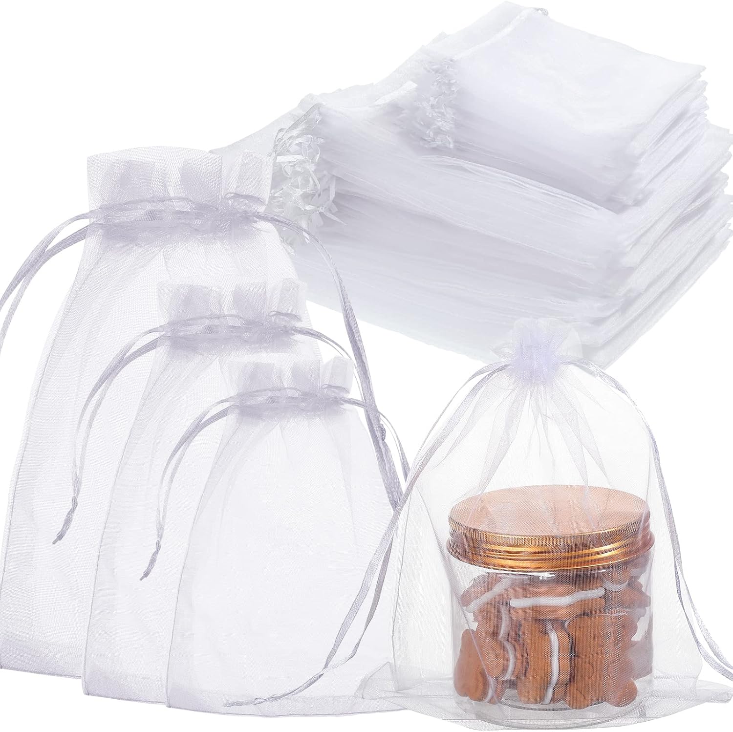 100 Pcs White Organza Bags Bulk Sheer Mesh Gift with Drawstring for Wedding Party Supplies Eid Mubarak Candy Fruit Jewelry(4 x 6 In, 7 9 8 12 In)  4 In