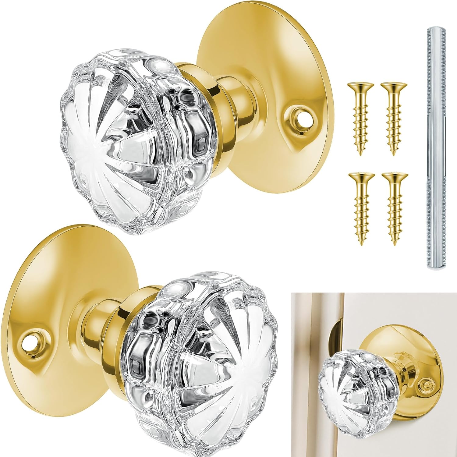 1 Set Glass Door Knobs Antique Crystal Vintage Mortise Style Fluted Replacement Kit with 2-1/2 in Satin Brass Privacy for Bedroom Bathroom(Gold) Gold 