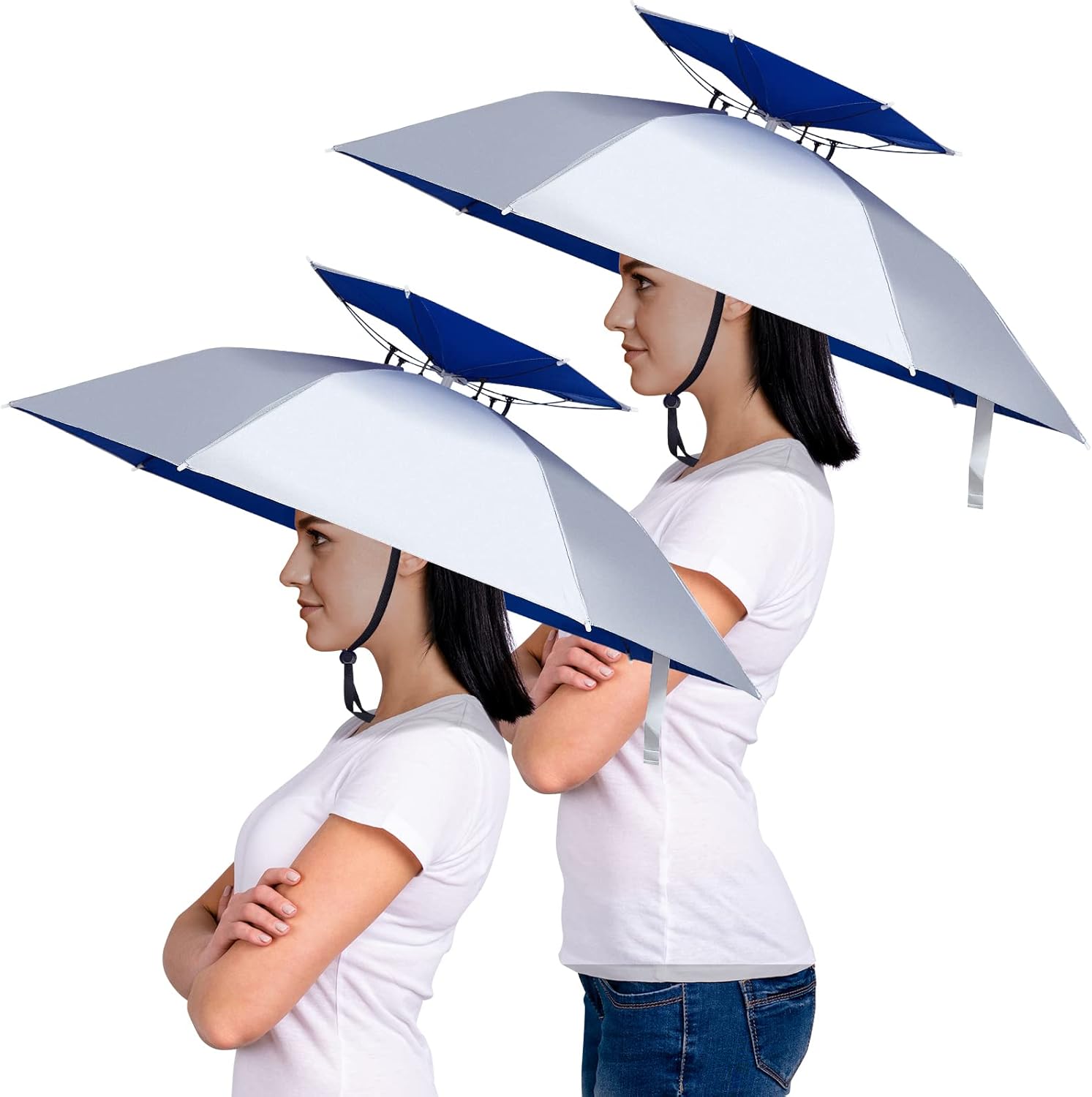 2 Pcs 37'' Diameter Large Umbrella Hat for Adults Double Layer Folding Compact UV Rain Protection Cap 