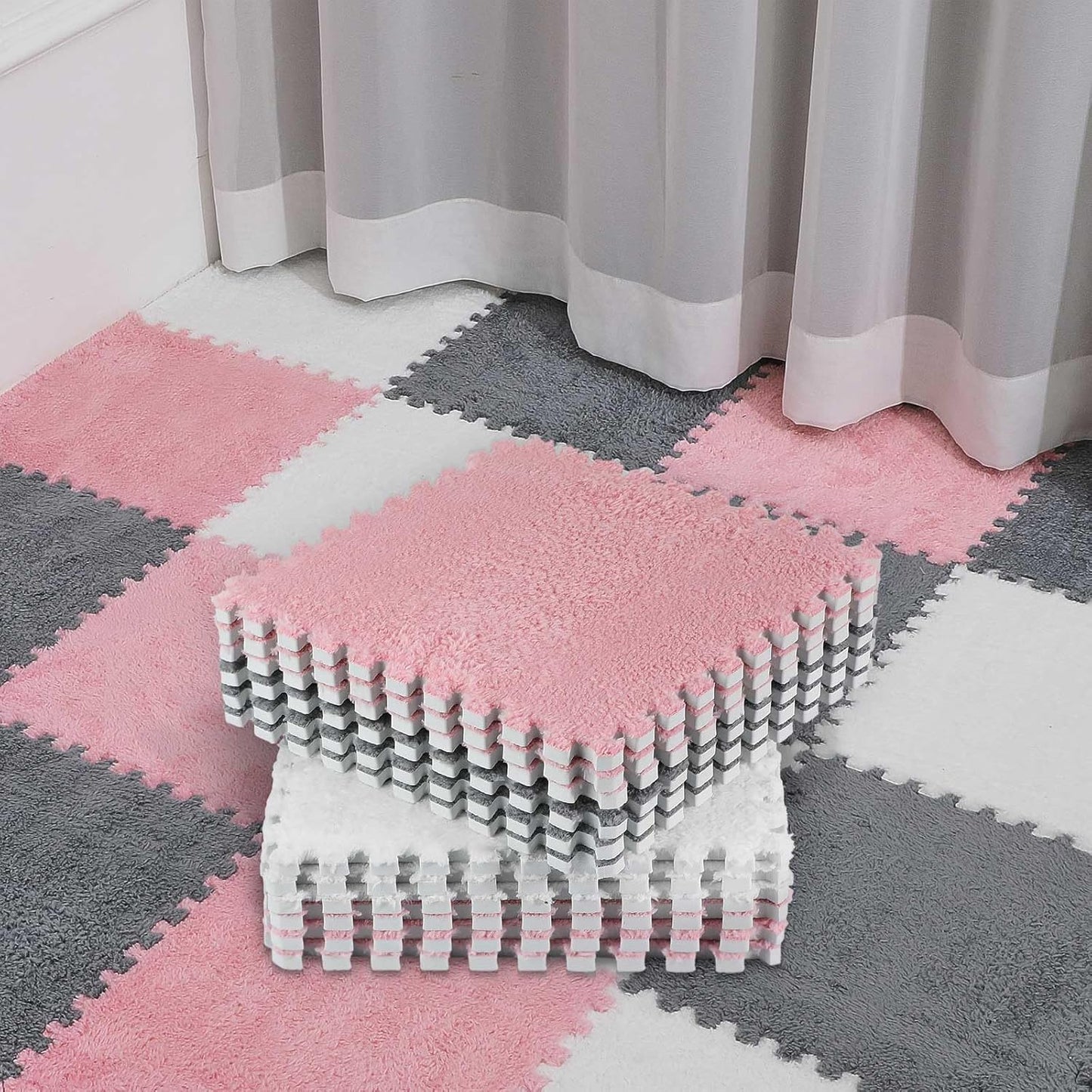72 Pieces Plush Foam Floor Mat Square Interlocking Carpet Tiles with Border 12 x 0.4 in Fluffy Play Soft Climbing Area Rugs for Home Playroom(White, Gray, Pink) White, Pink 