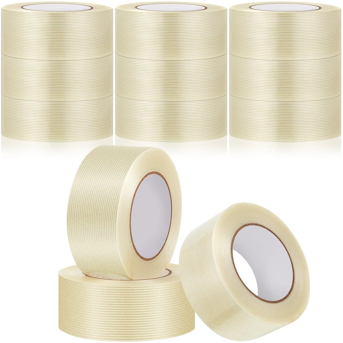 12 Rolls Filament Strapping Tape 5.7 Mil Heavy Duty Transparent Reinforced Fiberglass for Packaging Sealing Binding Fixing Supplies(2 Inch x 55 Yard)  2 Yard