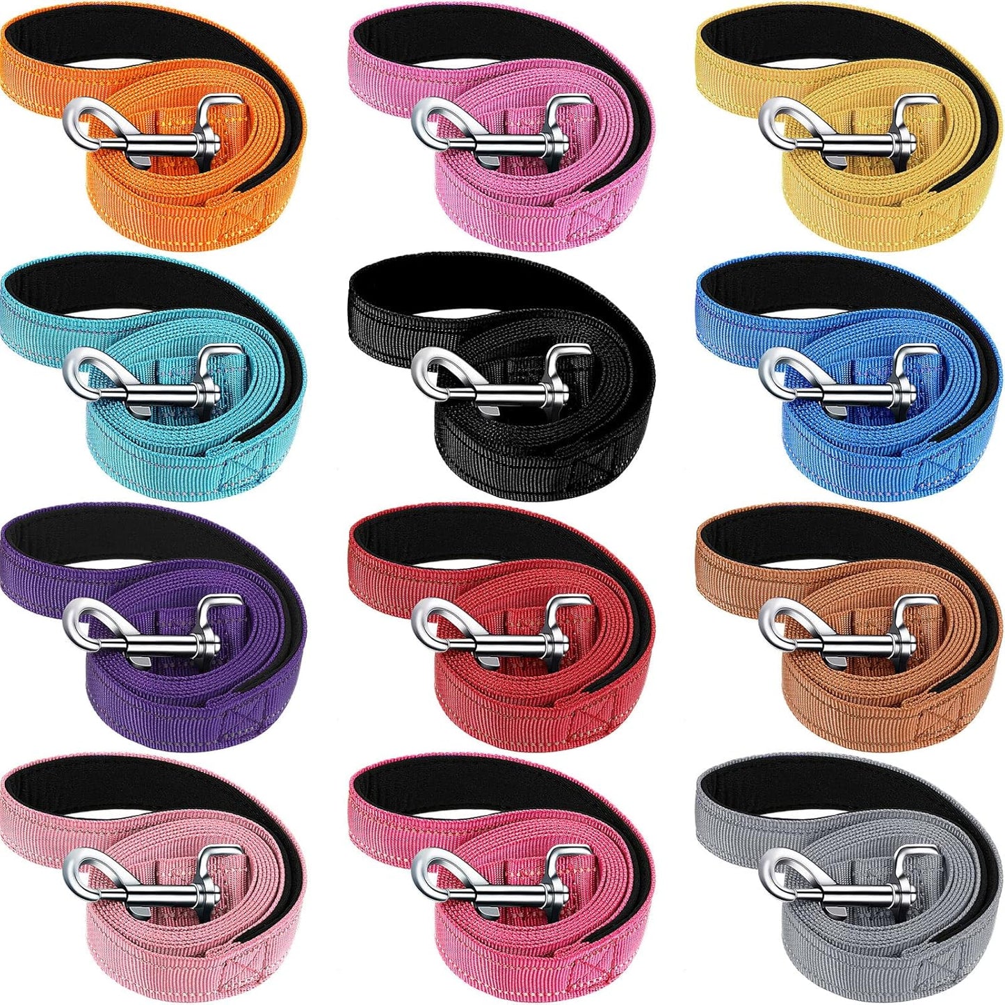 12 Pack Dog Leash Bulk, Double Sided Reflective, Nylon Leashes with Padded Handle for Small, Medium, and Large Dogs, 5 Feet Long, Puppy Walking Training 