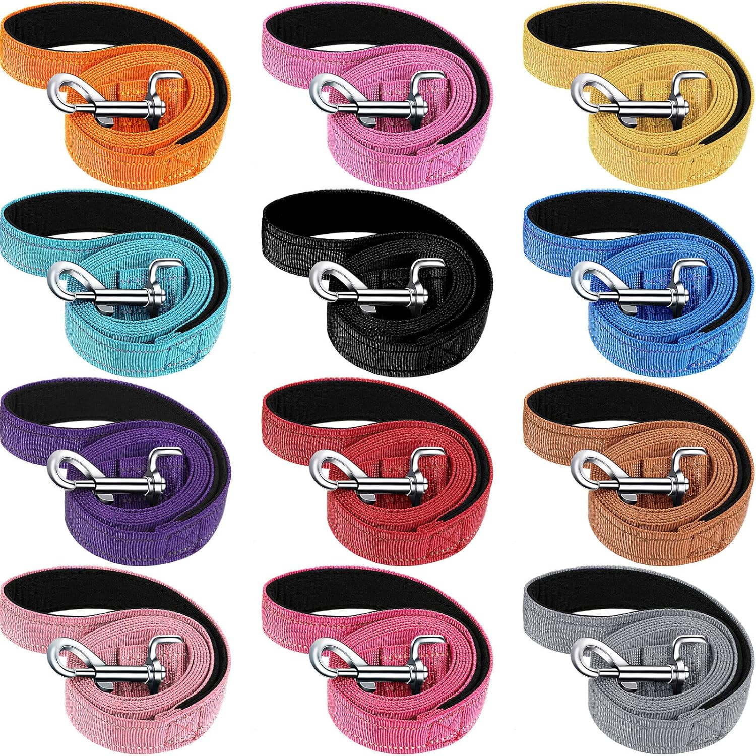 12 Pack Dog Leash Bulk, Double Sided Reflective, Nylon Leashes with Padded Handle for Small, Medium, and Large Dogs, 5 Feet Long, Puppy Walking Training 