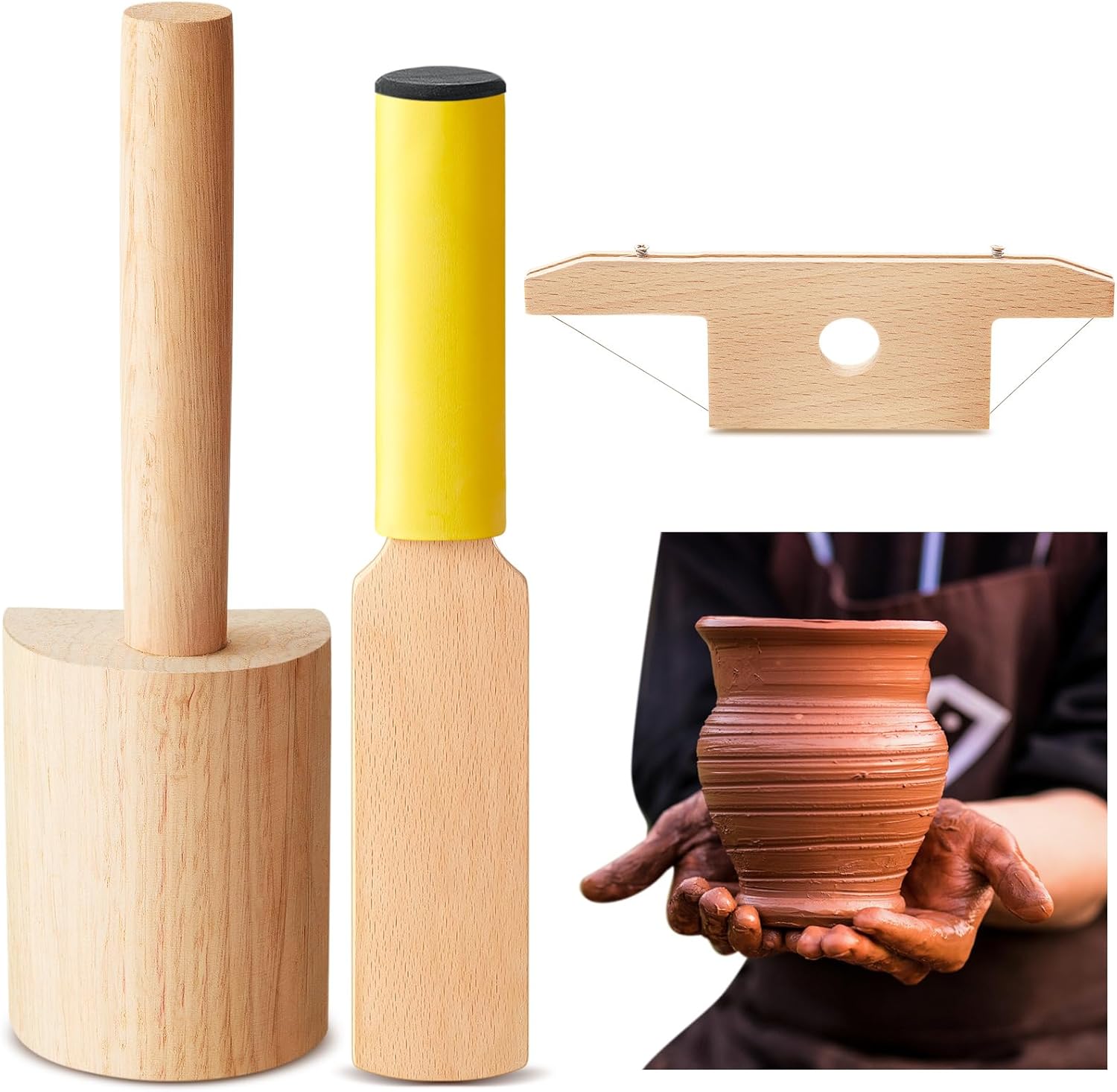 3 Pieces Pottery Clay Tools Set Includes Wooden Paddles Sculpture Pad Bevel Cutter for Angle Cutting Tool Paddle Ceramics Trimming 
