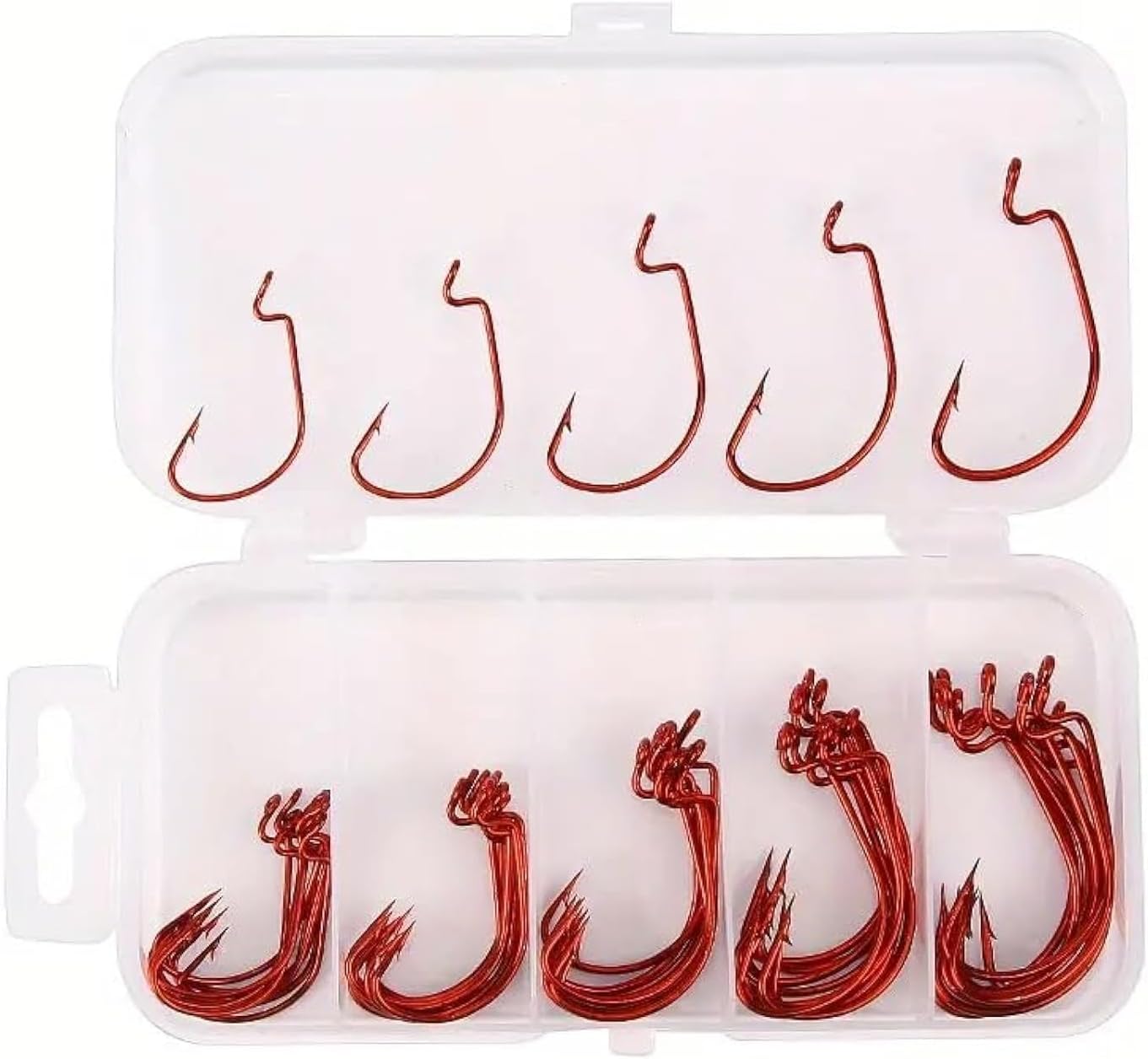 50Pcs Premium Fishing Hooks Set - High Carbon Steel, Ultra Sharp, All-in-One Box for Bass Trout Freshwater Saltwater（Red 