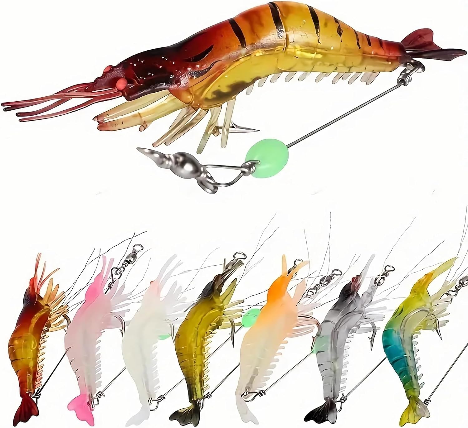 7Pcs Fishing Lures Shrimp Bait Set,Soft Bionic Lures, with Luminous Sharp Hooks for Freshwater Saltwater,Attract Bass, Trout, Catfish, Salmon 