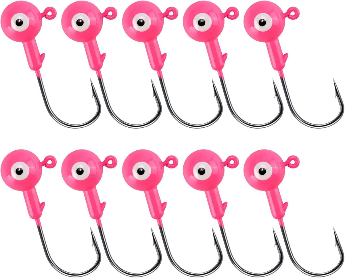10-Pack Round Fishing Jig Heads, Bass Ball Jigs Hooks 3D Eyes High Carbon Steel 1/8-1/2OZ Pompano Head Saltwater Freshwater Heads for Trout Walleye Striper Pink 1/4oz