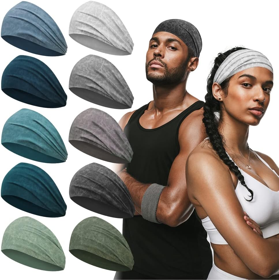 Mens Sports Headbands for Long Hair, Wide Sweat Band Yoga No-Slip, Workout Men and Women, Multicolors 10 PCS Multicolor 
