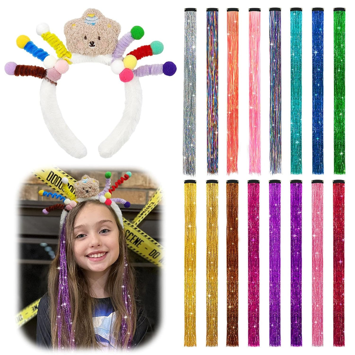 16 PCS Hair Tinsel Extension and 1 PC Halloween Headband 