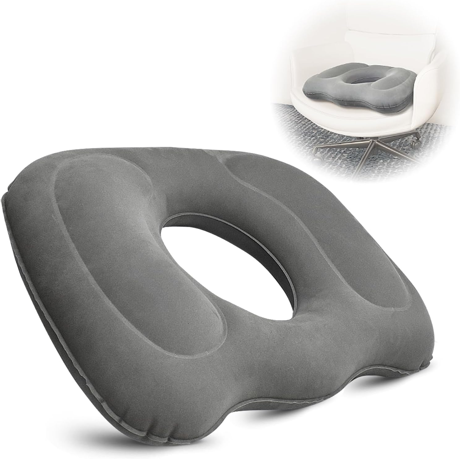 Petluno Inflatable Donut Cushion for Tailbone Pain Relief - Orthopedic Hemorrhoid & Sciatica Seat Cushion - Coccyx Cushion for Postpartum, Pregnancy, Office Chair, Car, Wheelchair & Post-Surgical Recovery (Grey)
