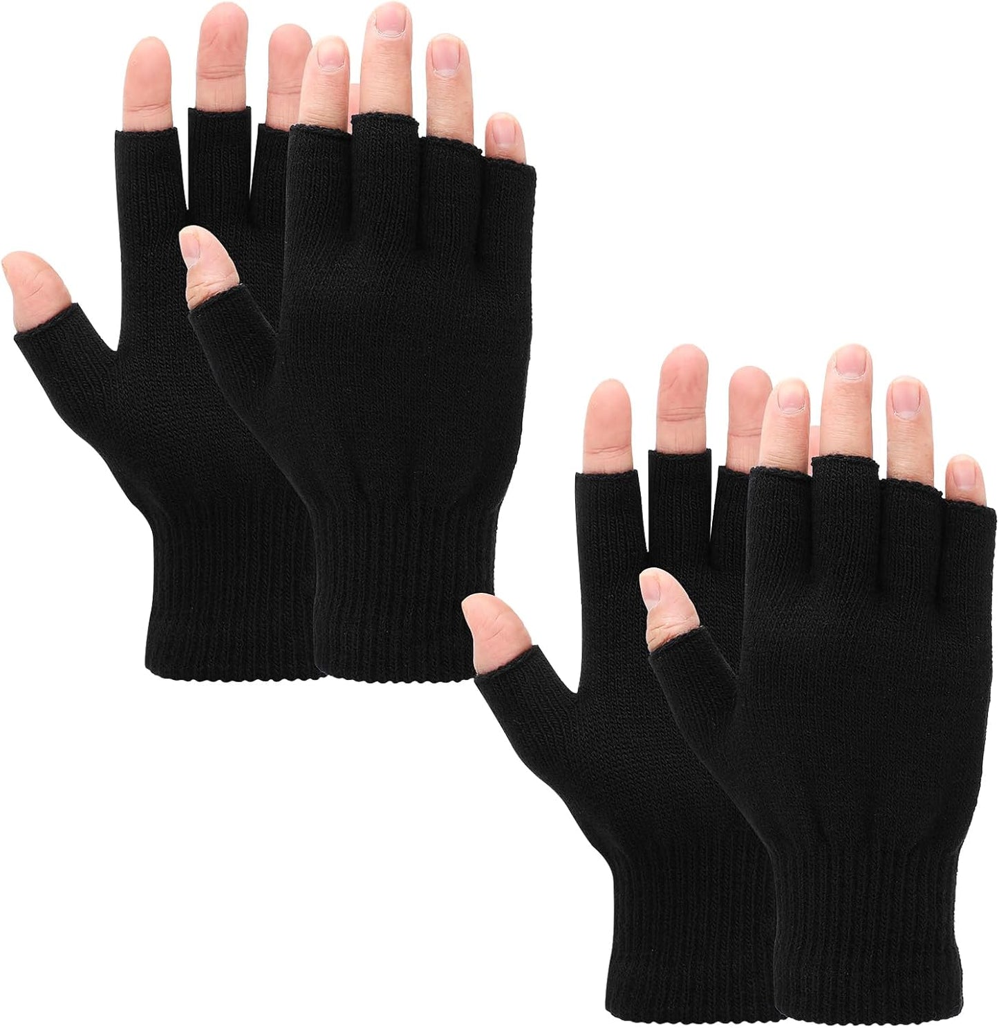 Petluno 2 Pair Fingerless Warm Gloves - Winter Half Finger Thickened Knit Touchscreen Stretchy Mittens for Men Women Black