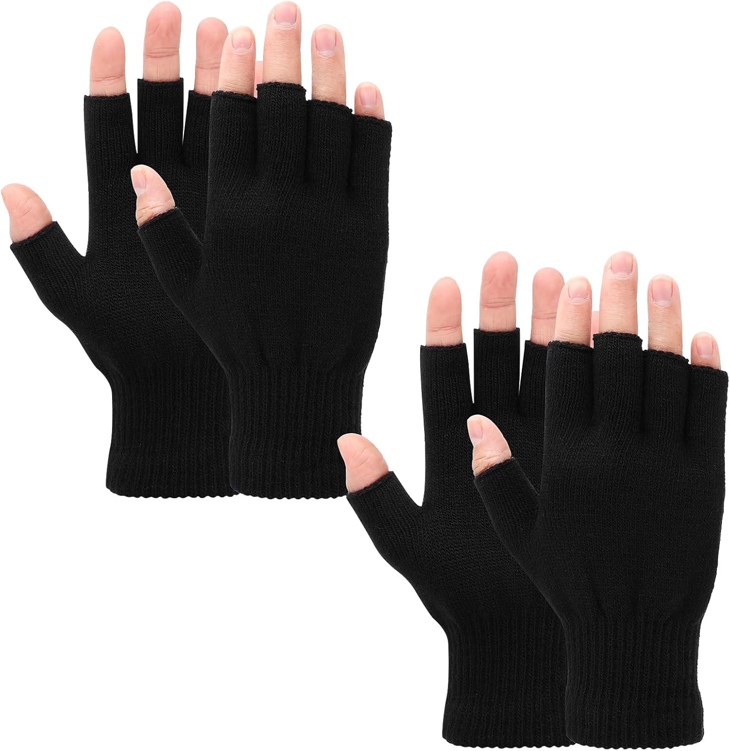 Petluno 2 Pair Fingerless Warm Gloves - Winter Half Finger Thickened Knit Touchscreen Stretchy Mittens for Men Women Black