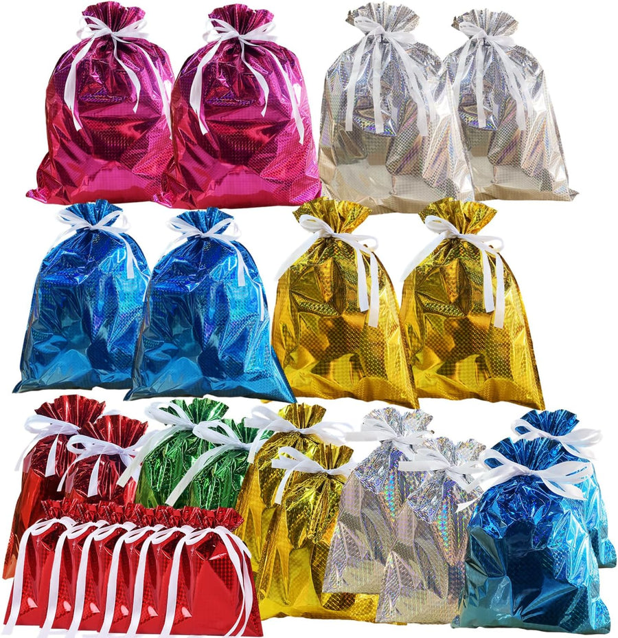 24 Pack Foil Gift Bags Drawstring Solid Color Present Wrapping Bags, 6 Shimmer Multipack Bag, Jumbo Christmas Bag, Reusable Large Xmas Bag for Presents Birthday Wedding Party color-24p