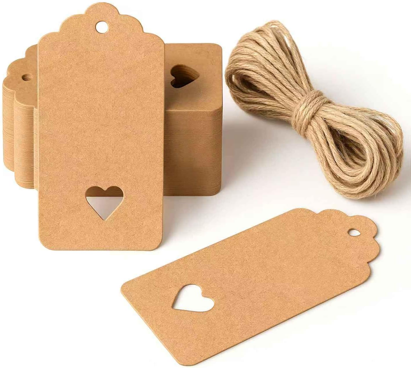 Gift Tags 50 Pieces Blank Brown Paper with String 4.5 x 9.5 cm for Valentine's Day Mother's Father's Wedding Anniversary Birthday [ Heart ]