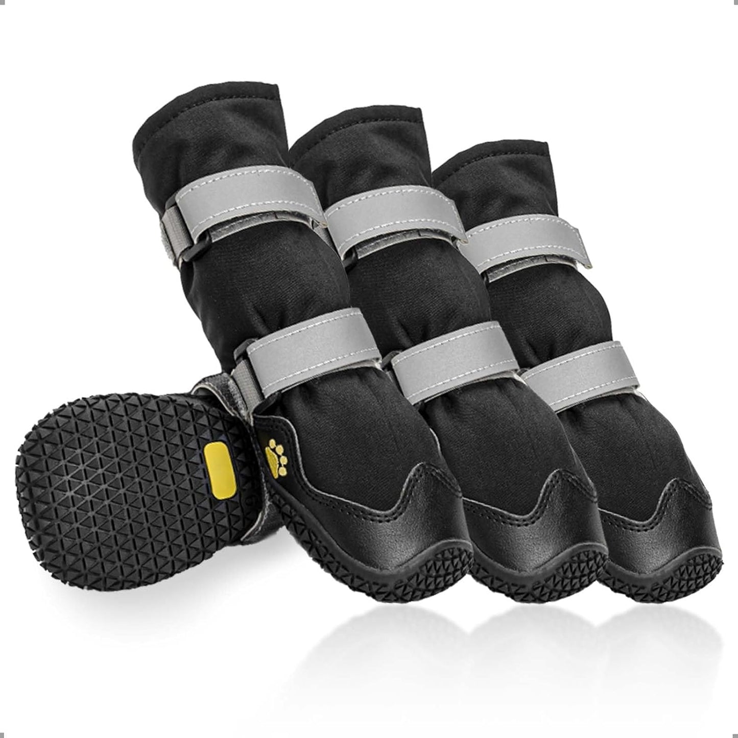 Anti-slip dog shoes with reflective strips, high waterproof dog boots, durable leather rubber sole dog paw protectors for small, medium and large dogs, 4 pieces (XL, black)