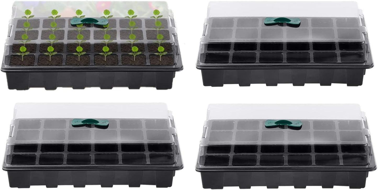 Petluno 4-piece seedling trays, 24-cell plastic seedling propagation trays, flower seed growing containers with adjustable ventilation openings for greenhouse, garden, home (with lids and bases)