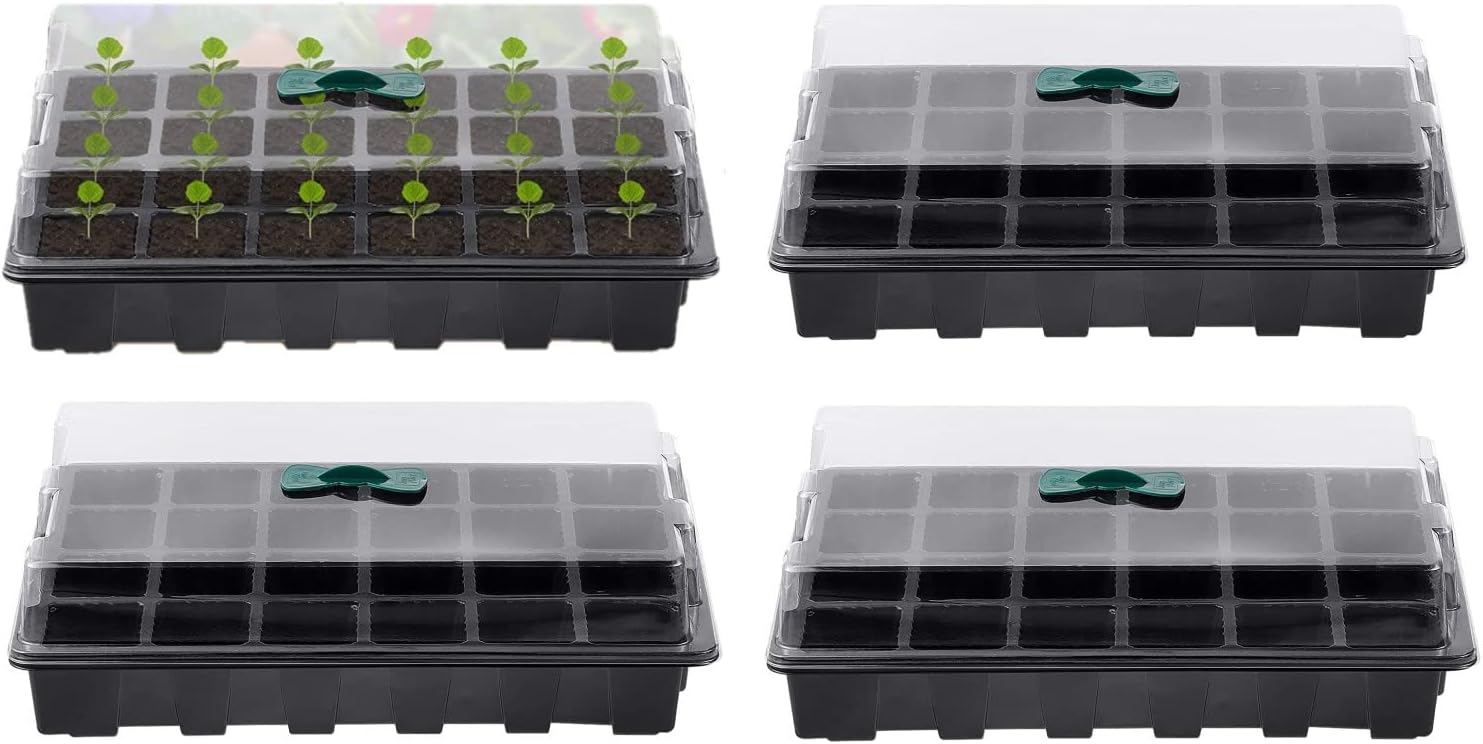 Petluno 4-piece seedling trays, 24-cell plastic seedling propagation trays, flower seed growing containers with adjustable ventilation openings for greenhouse, garden, home (with lids and bases)
