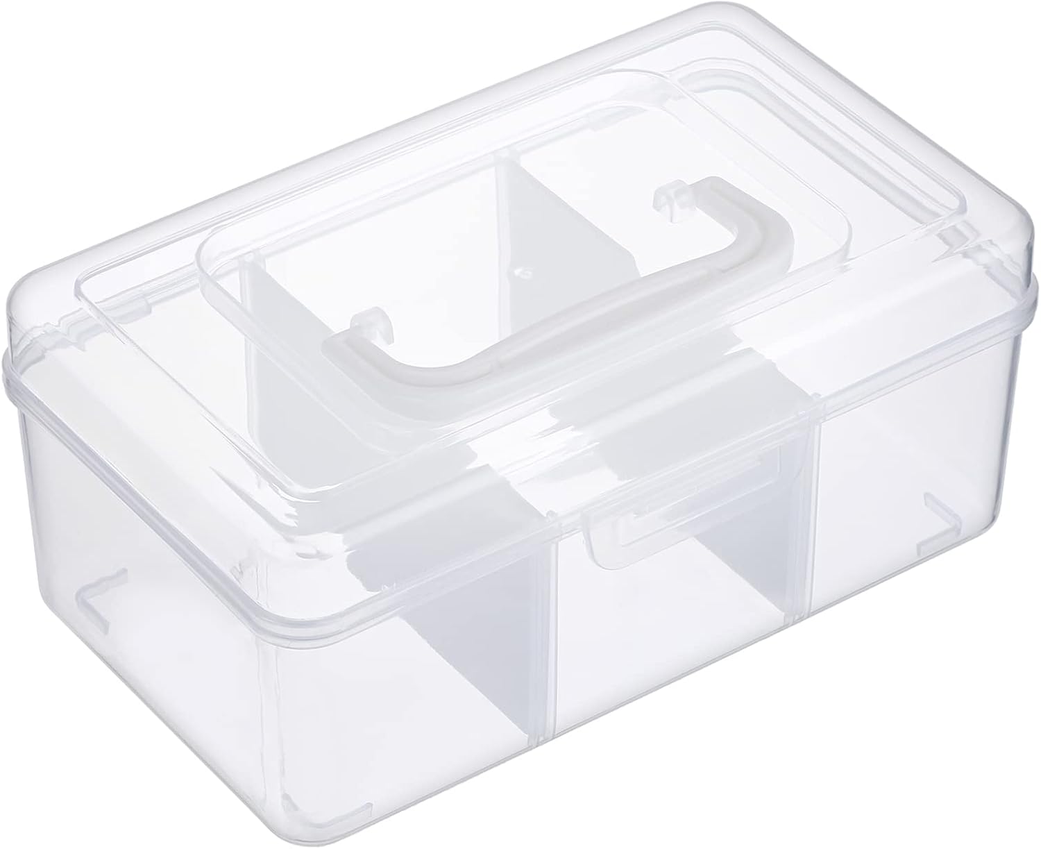 Petluno Clear Stackable Storage Box with Divider Tray, Plastic 3-Compartment Multi-functional Container for Nail Polish, Toys, Crafts, Stationery, Sewing, Fishing Gear Transparent Small