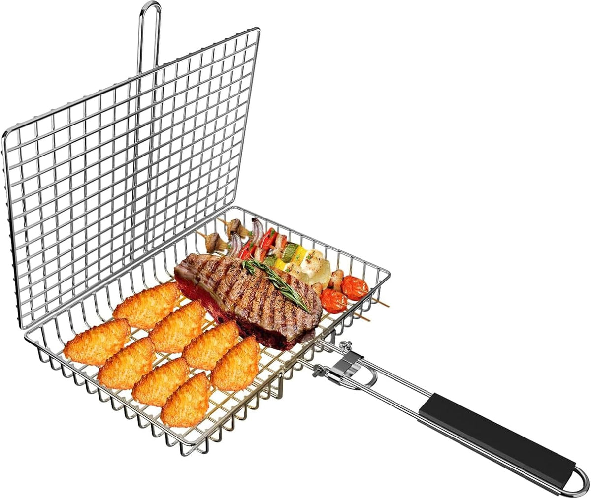 Fish Grilling Basket, Folding Portable Stainless Steel BBQ Grill Basket for Fish Vegetables Shrimp with Removable Handle, with Basting Brush and Storage Bag