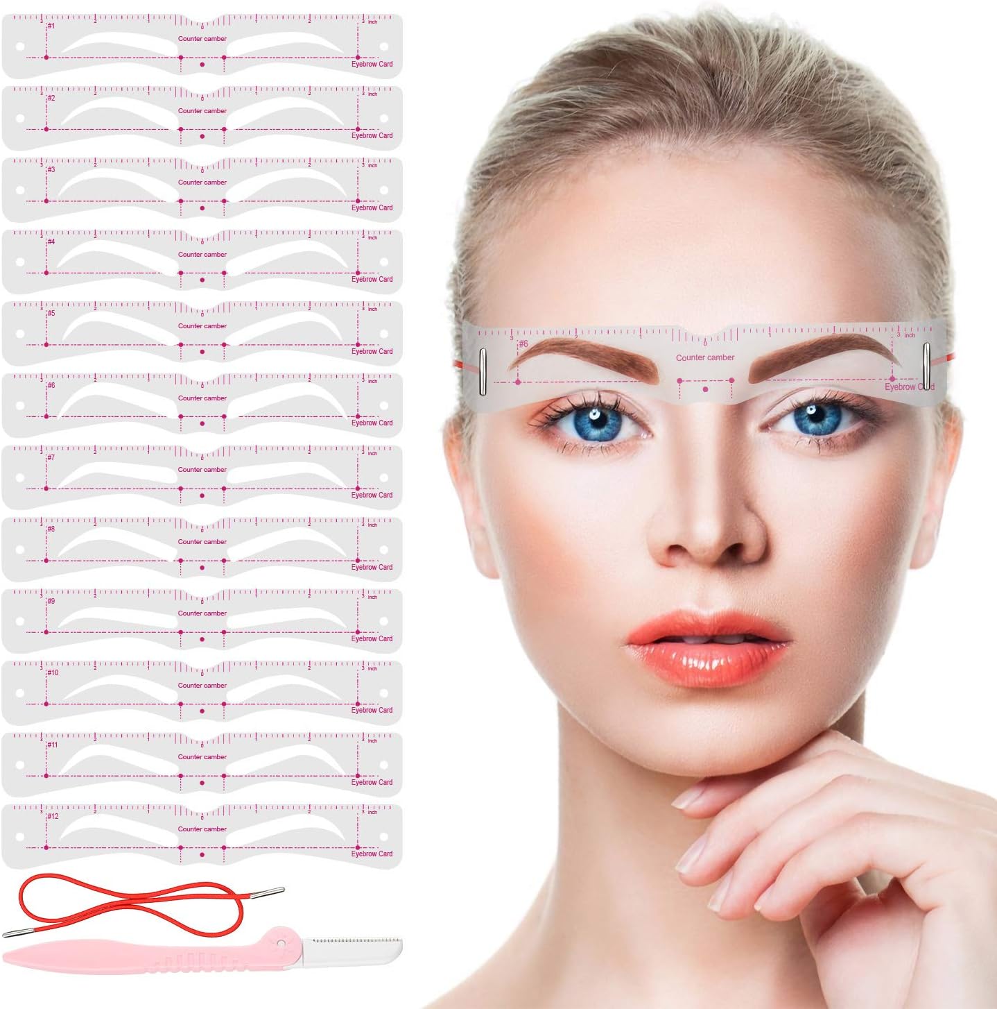 Eyebrow Stencils, 12PCS Eyebrow Shaper Kit + 1PCS Eyebrow Razor, Reusable Eyebrow Template With Strap, Elaborate Eyebrow Stencil, 3 Minutes Makeup Tools For A Variety of Face