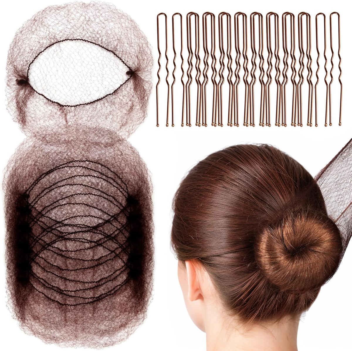 Hair Accessories Set: 20PCS Mesh Hair Nets Invisible and 40PCS U Shaped Hair Pins for Women, Girls, Ballet Bun Maker & Dance (Hair Nets- 20 inch(50cm), Hair Pins- 2.4 inch(6cm)), Brown