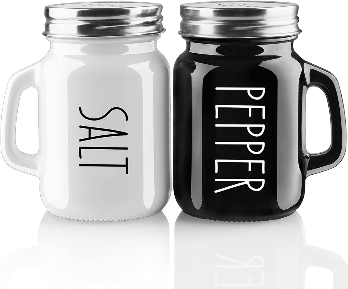 Salt and Pepper Shakers Set,  4 oz Cute Salt Pepper Shaker, Kitchen Decor for Home Restaurants Wedding, Glass Black White Shaker Sets with Stainless Steel Lids
