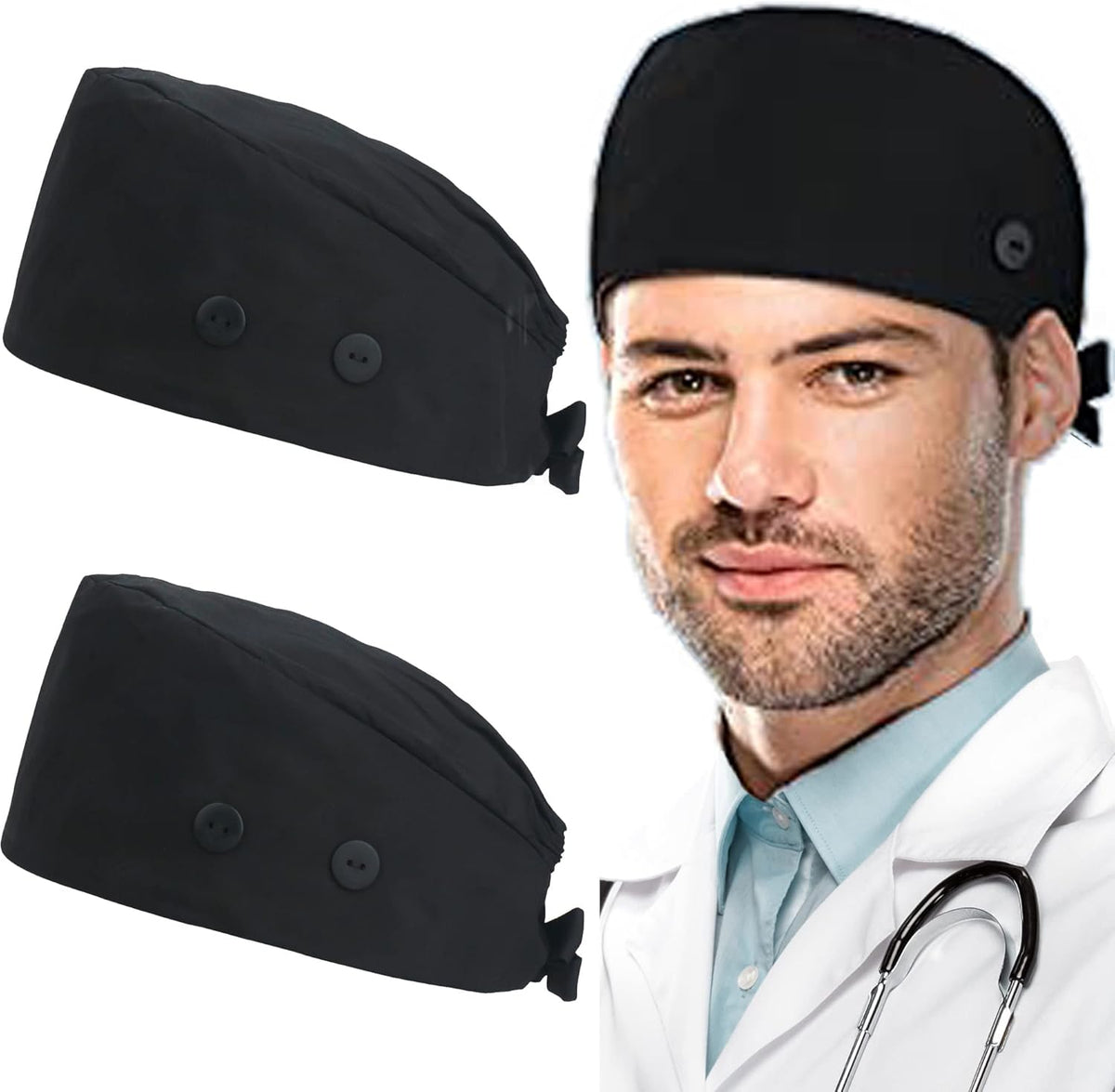 Working Caps with Button and Sweatband, Adjustable Working Hats for Women Men, One Size (Tie Back or Toggle)