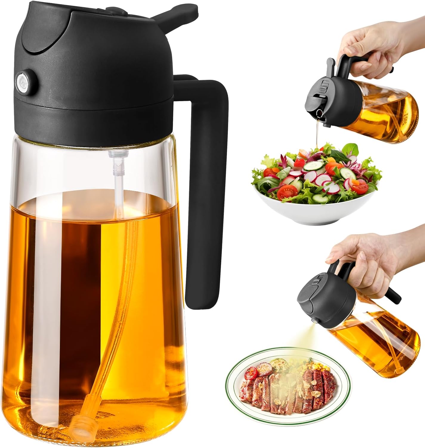 Oil Sprayer for Cooking, 470ml/16oz 2 in 1 Oil Dispenser and Oil Sprayer, Glass Olive Oil Bottle Pourer for Kitchen, Cooking, Salad, Barbecue (Black)