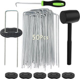 102Pcs 6 Inches Landscape Staples with Gasket Kit. 50Pcs U-Shaped Garden Stakes and Plastic Fixing Gasket, with Pick Hook and Black Hammer. Pins for Tent Turf Weed Barrier Fabric Hose Fence