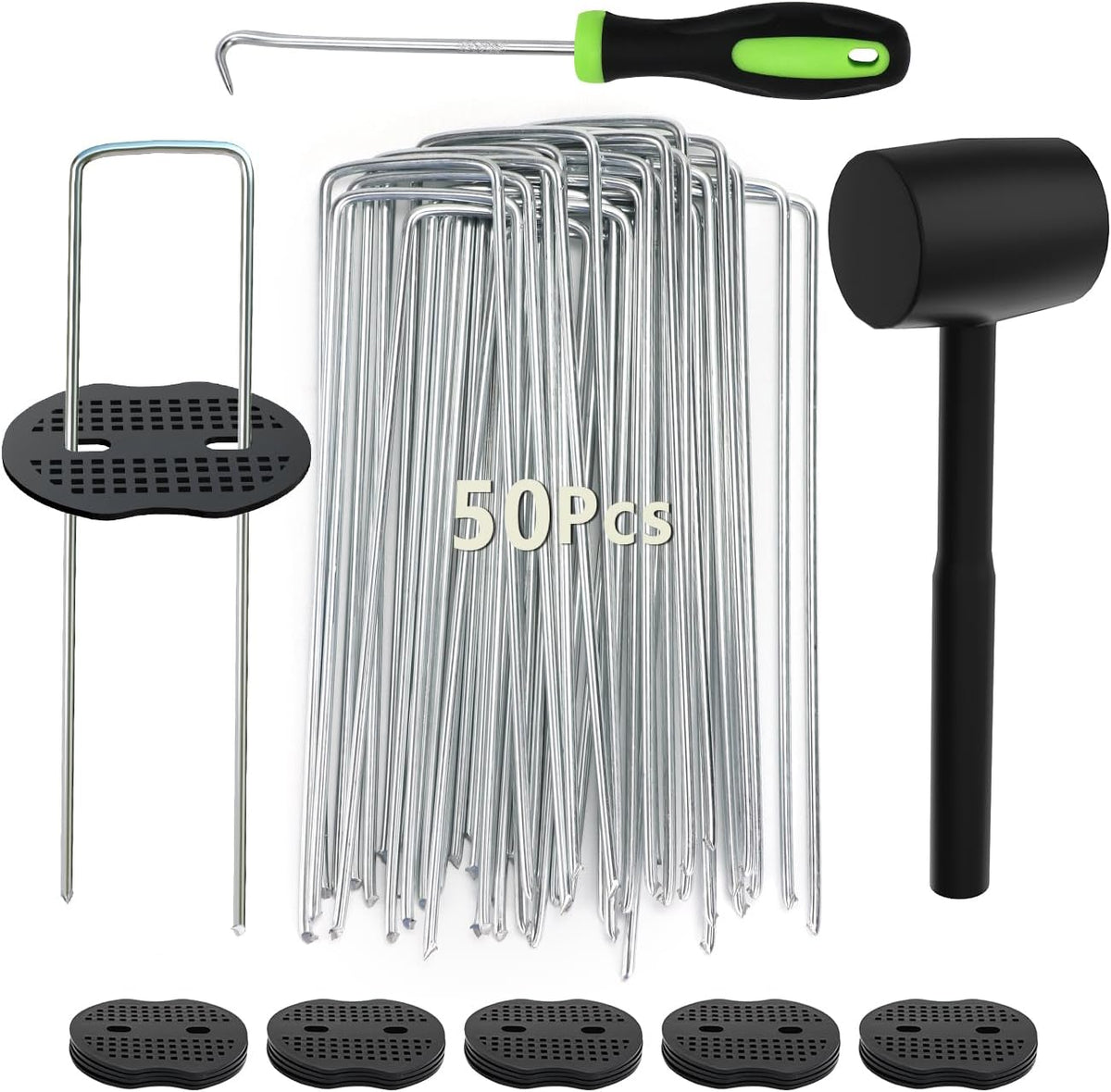 102Pcs 6 Inches Landscape Staples with Gasket Kit. 50Pcs U-Shaped Garden Stakes and Plastic Fixing Gasket, with Pick Hook and Black Hammer. Pins for Tent Turf Weed Barrier Fabric Hose Fence