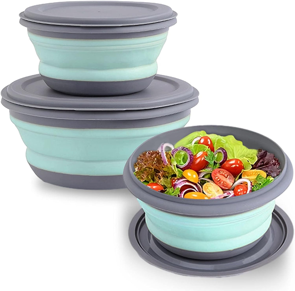 Collapsible Bowls, 3pcs Food Grade Silicone Camping Bowl Salad Bowl with lids, Portable Expandable Lunch Box Food Storage Container for Camping Travel and Picnic