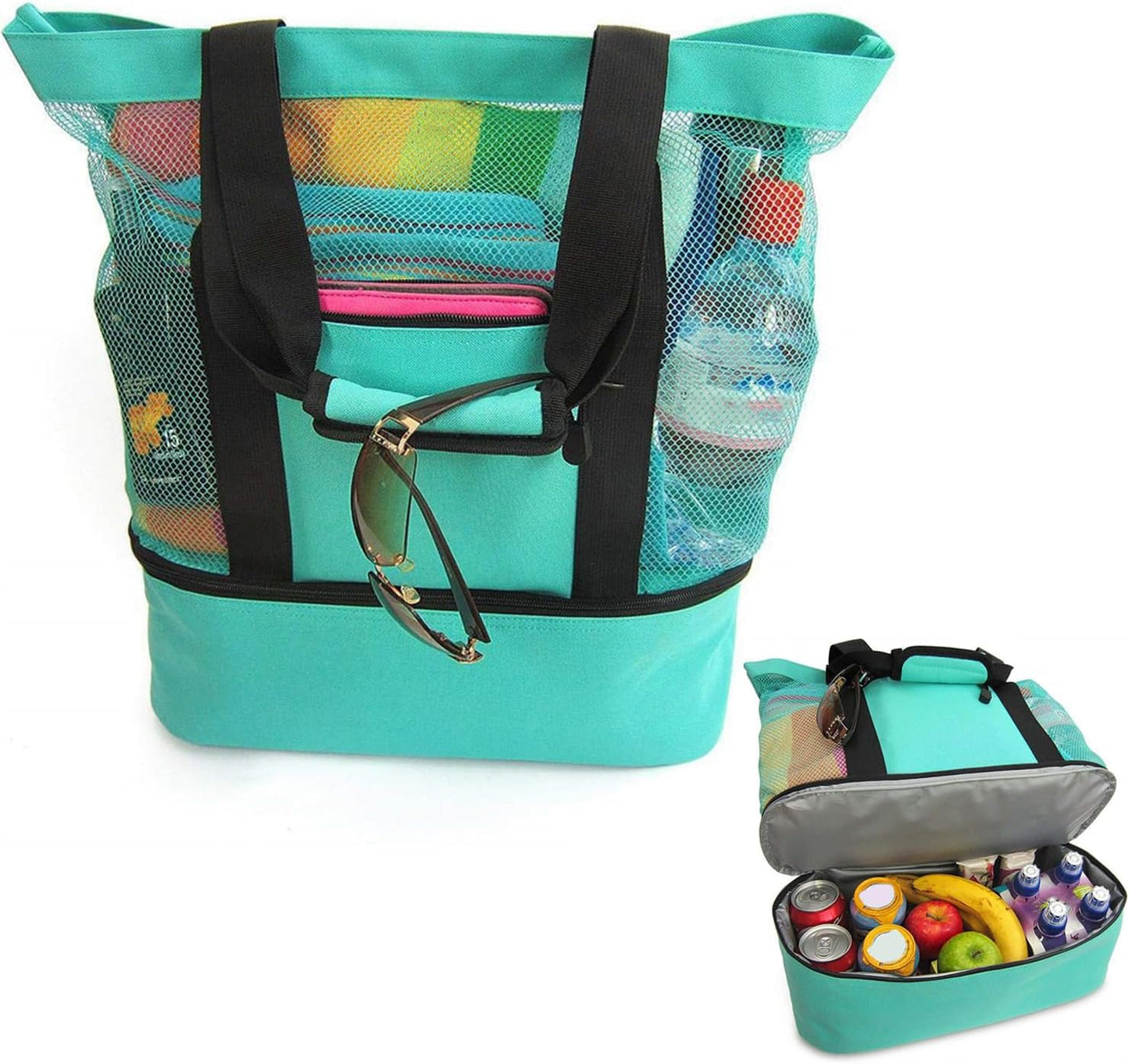 Mesh Beach Bag with Cooler Bag, Large Mesh Beach Tote Bags, Cooler Bags Insulated for Travel, Beach Toys Bag, Summer Vacation Travel Essentials for Women Kids, for Picnic Pool Travel