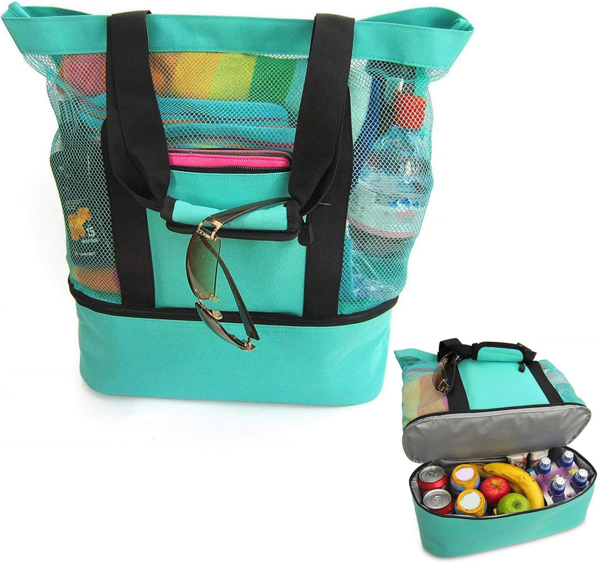 Mesh Beach Bag with Cooler Bag, Large Mesh Beach Tote Bags, Cooler Bags Insulated for Travel, Beach Toys Bag, Summer Vacation Travel Essentials for Women Kids, for Picnic Pool Travel