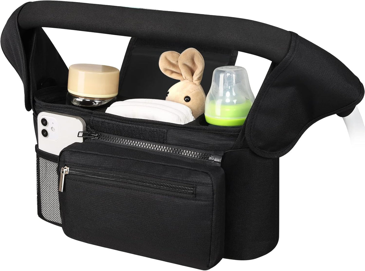 Universal Stroller Organizer with Insulated Cup Holder Detachable Phone Bag and Shoulder Strap,Stroller Bag Caddy Organizer Accessories Fits for Uppababy, Baby Jogger, Britax Strollers