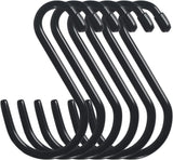 6 Inch Heavy Duty Vinyl Coated S Hooks, Black Rubber Coated S Hooks, Extra Thick Non Slip Metal S Hanger for Closet, Garden, Garage, Kitchen Hanging, Black, Pack of 6