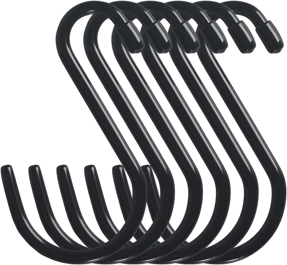 6 Inch Heavy Duty Vinyl Coated S Hooks, Black Rubber Coated S Hooks, Extra Thick Non Slip Metal S Hanger for Closet, Garden, Garage, Kitchen Hanging, Black, Pack of 6