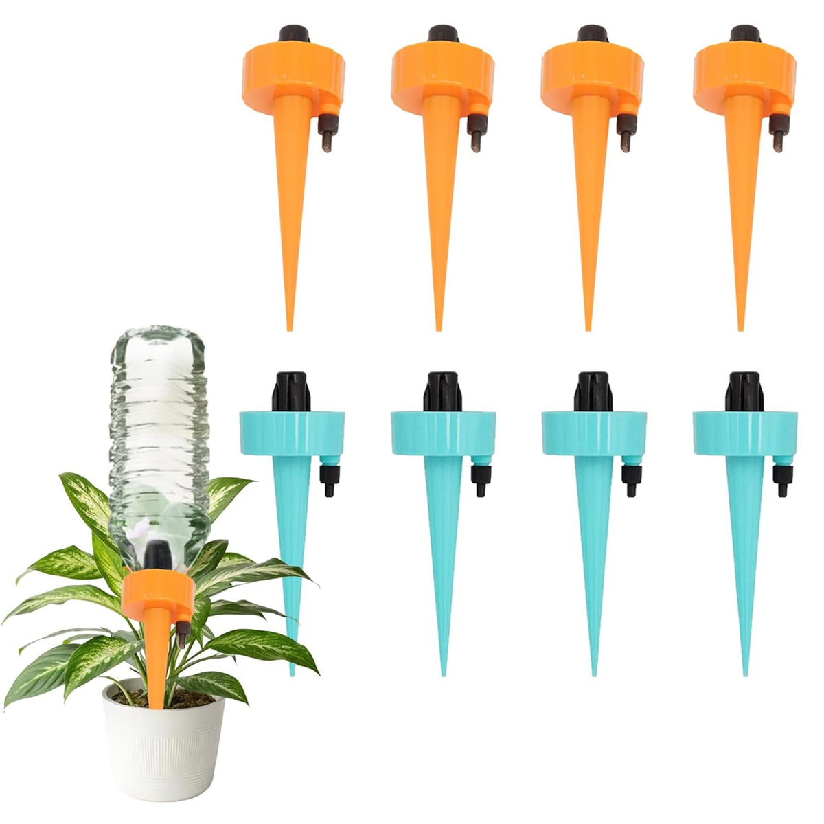 8 Pack Self Watering Spikes, Automatic Plant Irrigation Drippers, Plastic Self Watering Device with Adjustable Control Valve for Indoor & Outdoor Plants and Flowers, Easy to Install