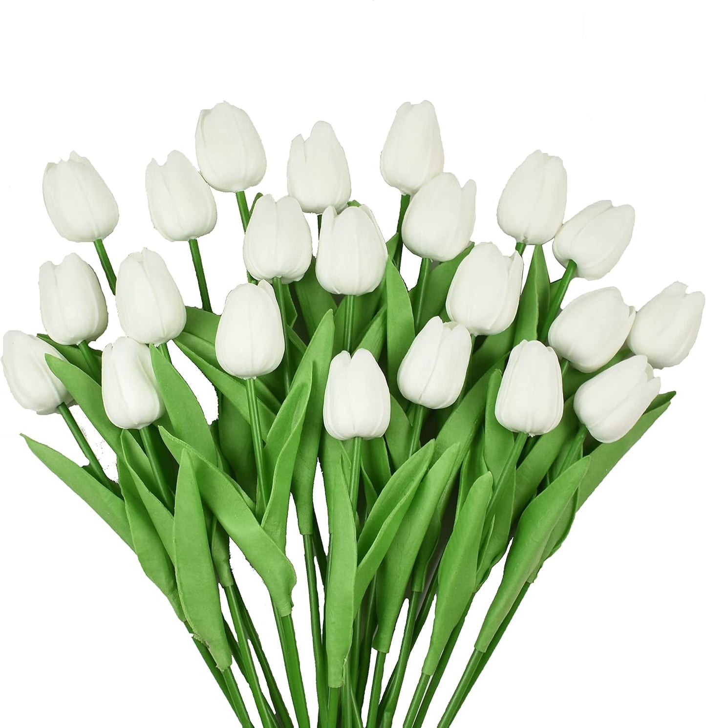 20pcs Artificial Tulips Flowers Fake Faux PU Tulip Bouquet Real Touch Flower Arrangement for Home Room Office Party Wedding Decoration Excellent Gift Idea for Mothers Day (White)