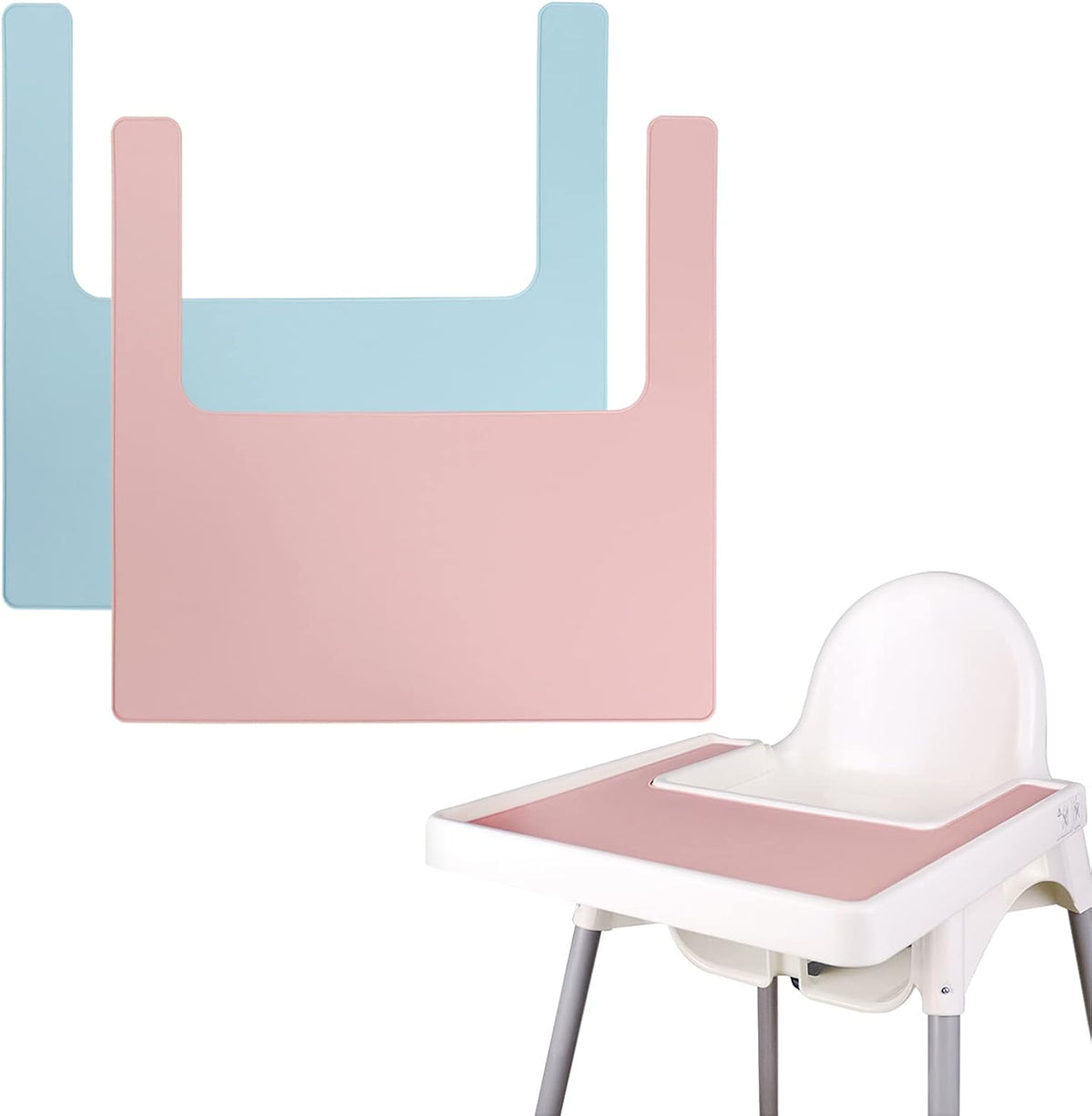 High Chair Placemat, Long Lasting High Chair Placemat Silicone, 2-Piece Set, Can Be Used Interchangeably, Suitable for IKEA Antilop Highchai, for Toddlers and Babies (Blue/Pink)