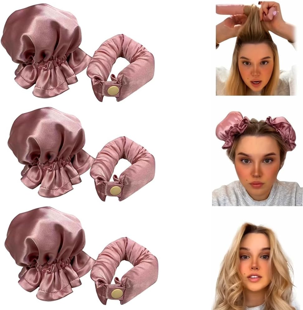 Satin Heatless Hair Curler 3 Sets, Heatless Curls for All Hair Types with Hair Caps, No Heat Curlers to Sleep In