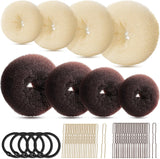Hair Bun Maker Set, Donut Bun Maker Set With 4pcs Dark Brown &4pcs Beige(2 extra-large,2 large,2 medium and 2 small), 5 pieces Hair Elastic Bands, 40 pieces Hair Bobby Pins (Brown and Gold)
